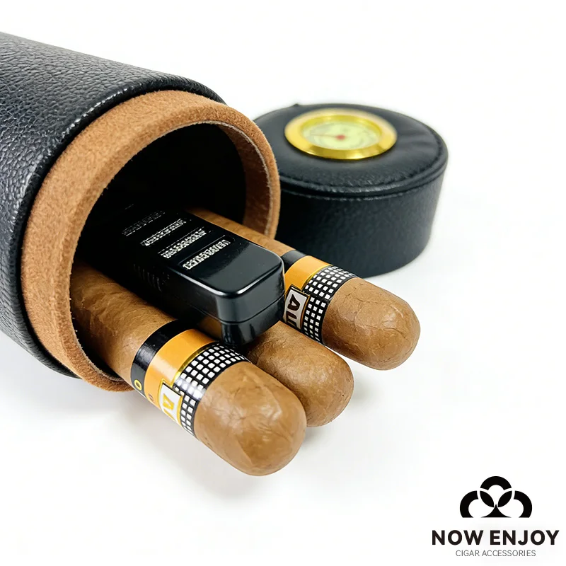 PU Leather Cigar Tube Jar Portable Cedar Wood Humidor Box Cigar Case With Humidifer Hygrometer cigar storage tube
