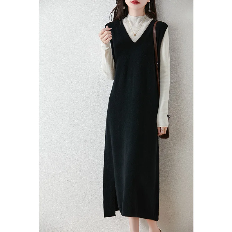 100% Merino Wool Sleeveless V-neck Dress Women's Spring Autumn Winter Jumper Knitted Skirt Fashion Slim Solid Color Long Dress