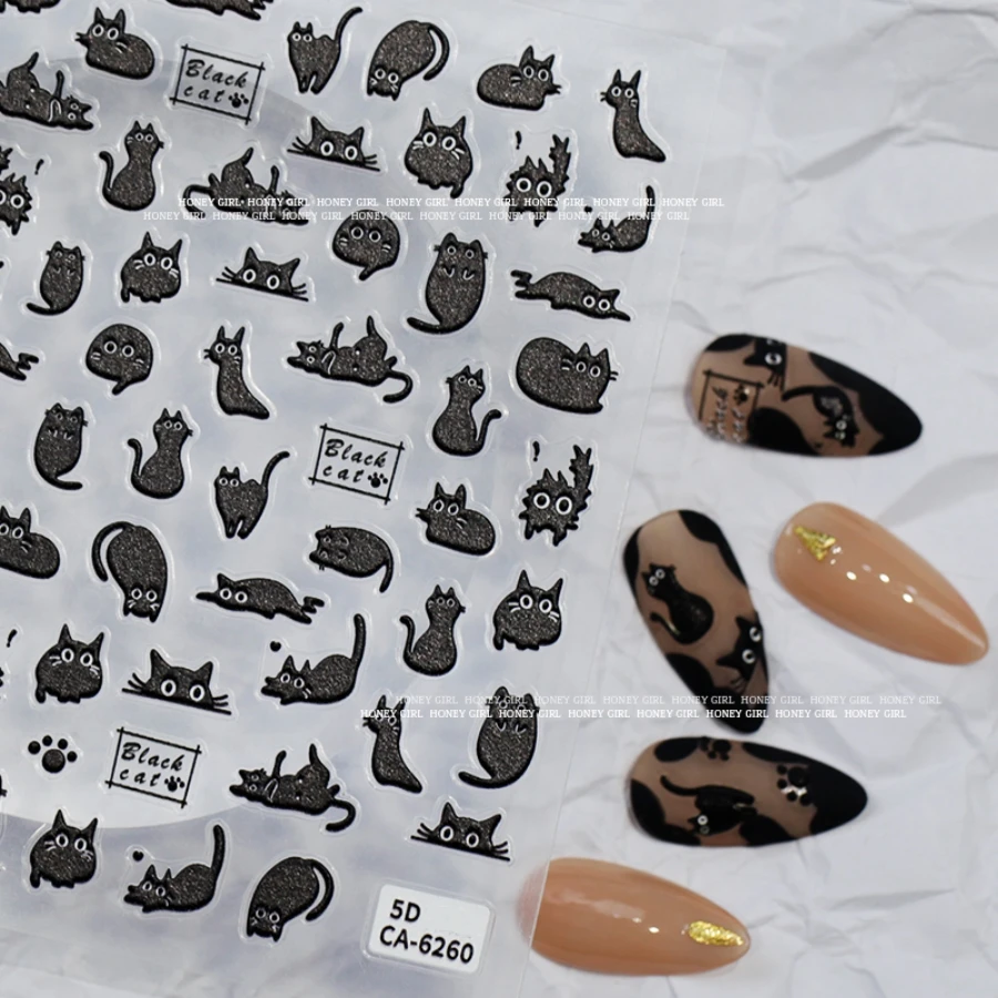 

5D Embossed Cartoon Cute Cat Nail Stickers Black And White Briquettes Little Black Cat Three-dimensional Nail Stickers