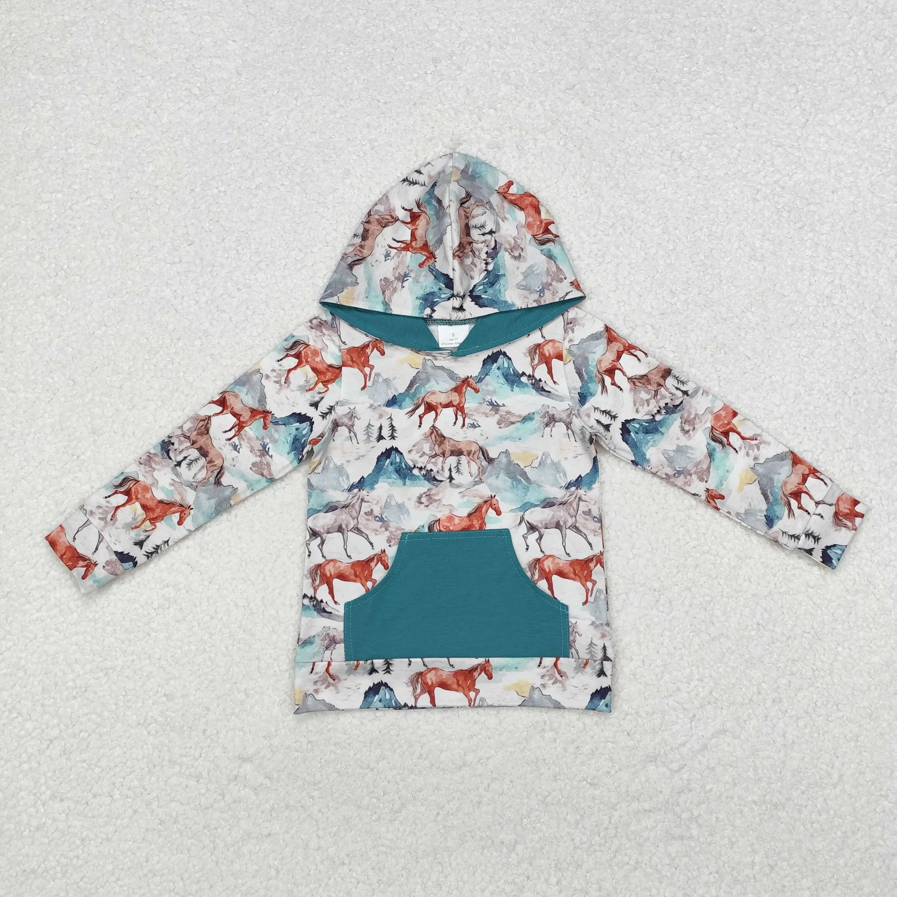 

New rts infant boys western style long sleeve tops wholesale boutique riding pattern blue fall boys hoodie