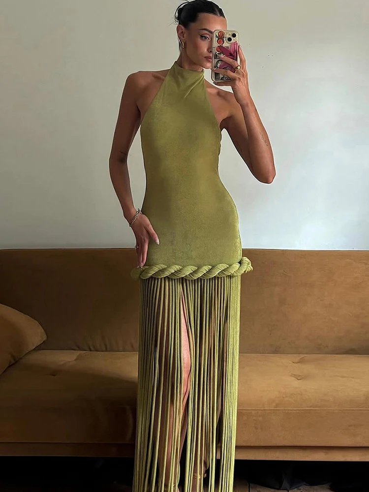 

Элегантное длинное платье Nibber с бахромой, сексуальное, с открытой спиной, на бретельках, с вырезом O-образной формы, с открытыми плечами, для вечеринок и выпускных, облегающее, Vestidos