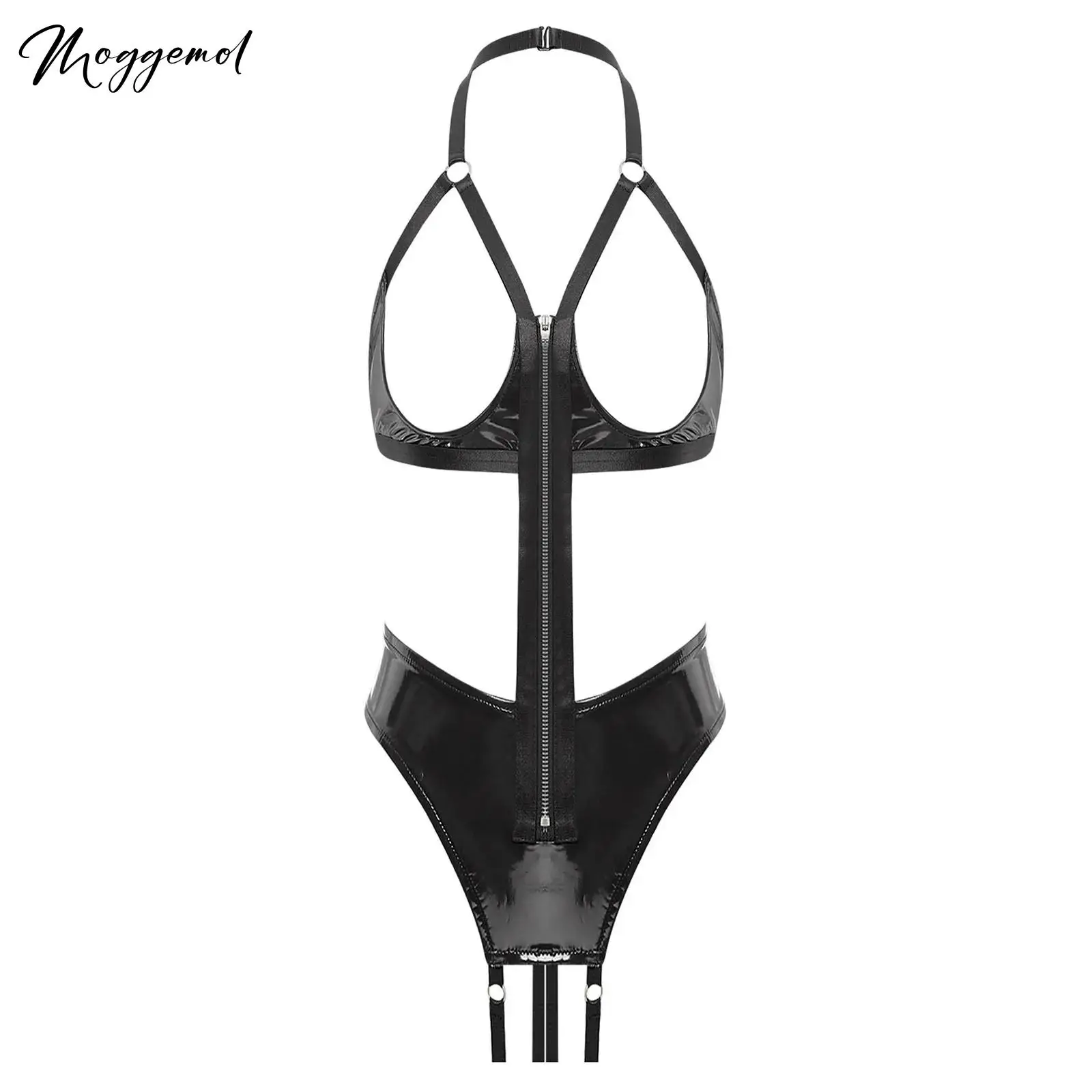 

Womens Patent Leather Sexy Lingerie Bodysuit Front Zipper Latex Halter Open Cups Crotchless Teddy Naughty Leotard Rave Club Wear