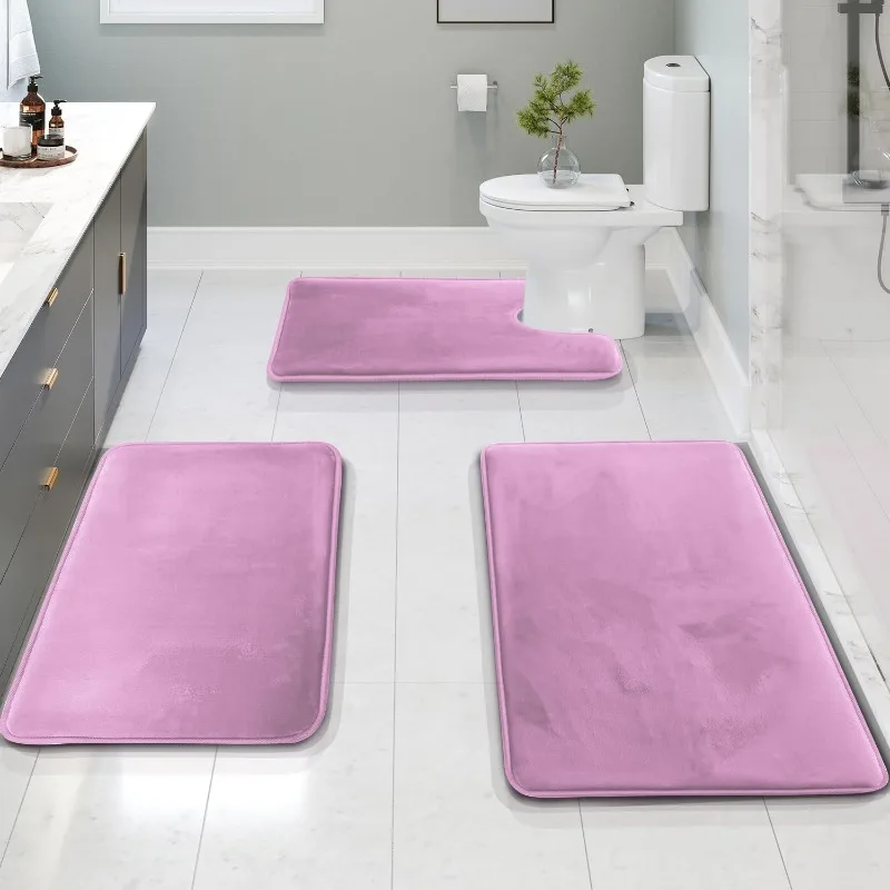 

3 Piece Bathroom Rugs Bath Mat Set, Velvet Memory Foam Bath Mats for Bathroom - Non-Slip, PVC Backing Bath Rugs