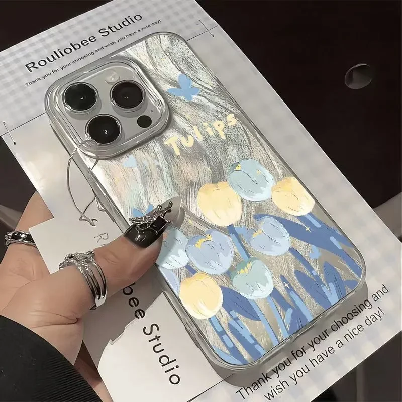 Etui na telefon Ins Blue and yellow tulips do iPhone 16Pro Max 15 14 13 12 11 XR XS Max 78 Y2K Feather gauzeMiękkie etui na telefon chroniące przed