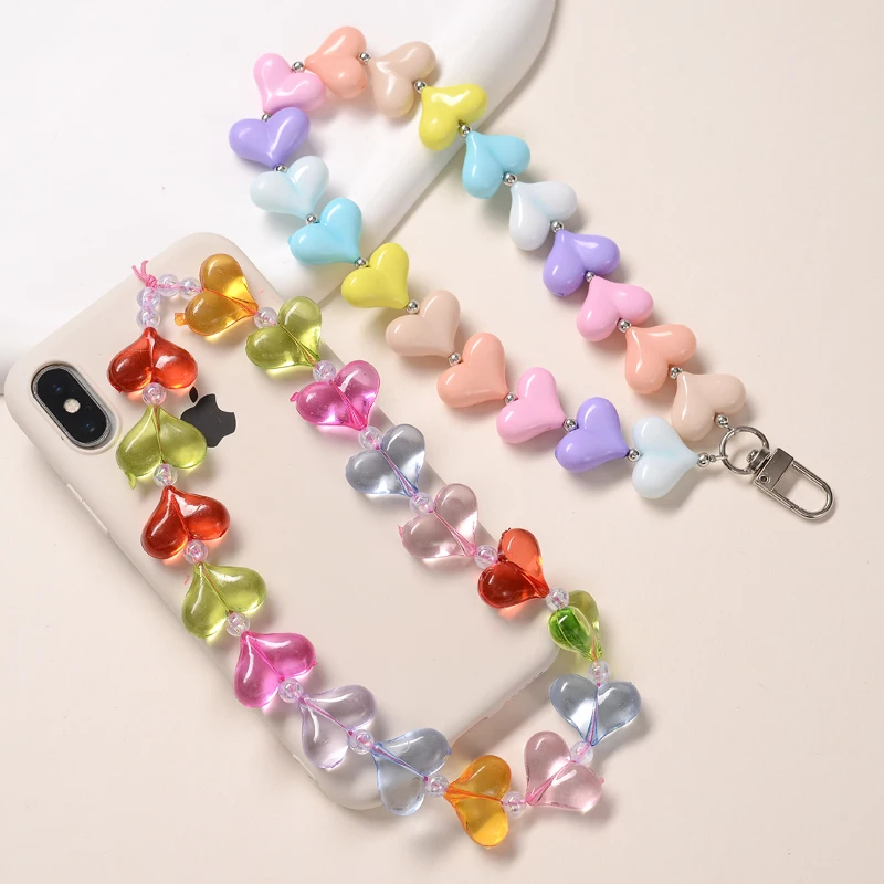 Fashion Acrylic Cellphone Chains Anti-Lost Women Girls Colorful Heart Shape Beaded Mobile Phone Chain Lanyard keychain Jewelry