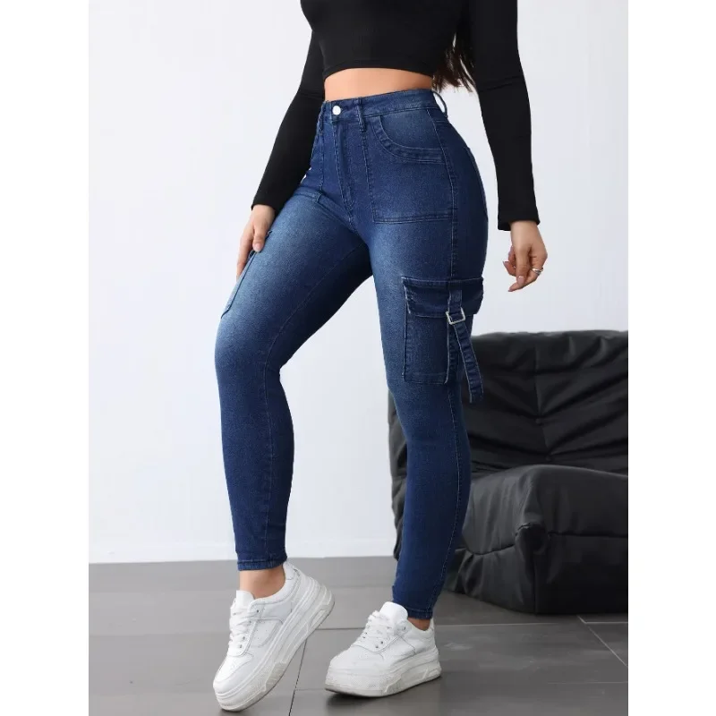 Celana Baggy Slim Wanita Celana Pendek Biru Ketat Wanita Pakaian Kerja Gaya Kasual Eropa dan Amerika Celana Jeans Elastis untuk Wanita