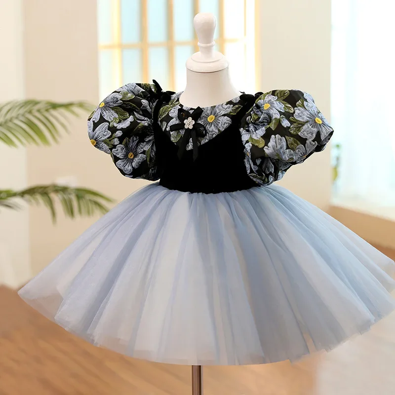 Customized O-neck Baby Birthday Party Dresses Puff Sleeve Sweet Princess Ball Gown Vestidos 2024 Summer Chic Elegant Flower Girl