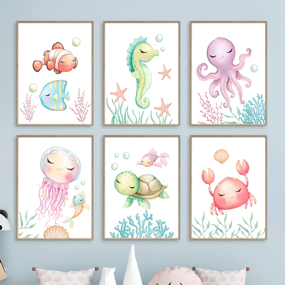 Ocean Animals Poster Clown fish  jellyfish Crab Sea Horse Turtle Canvas Painting Wall Art Mural Print Baby Kids Room Home Decor