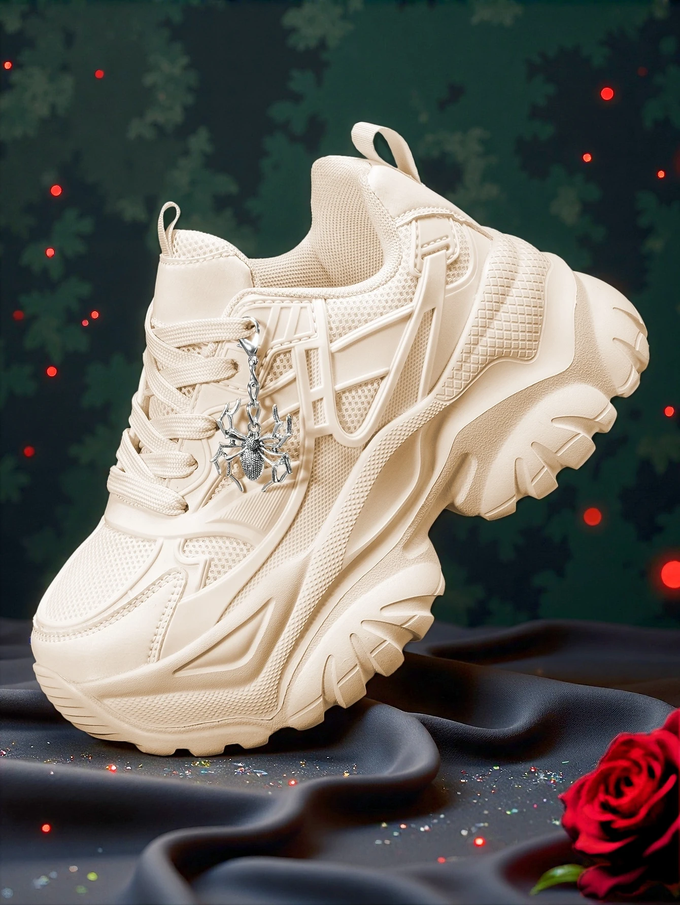 Zapatillas vulcanizadas para mujer para todas las estaciones, estilo Y2K, con suela gruesa de 7 cm que aumenta la altura, color beige, con decoración de araña plateada desmontable, con malla transpirable y zapatillas casuales ligeras de EVA, zapatos versátiles y modernos para el día a día, para ir al trabajo y de compras.