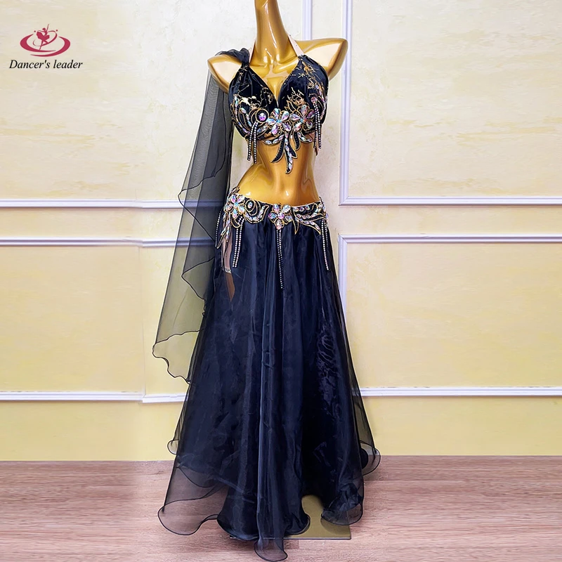 Traje de dança do ventre ab pedra feminino adulto crianças high-end fenda malha saia samba desempenho alta flash vestido