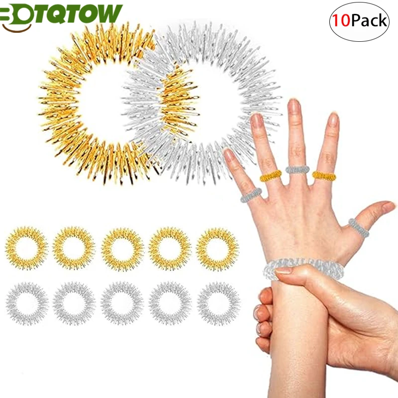 10Pcs Finger Massager Rings - Finger Acupuncture Spring Ring Finger Circulation Rings for Hand Wrist Massage Pain (Gold Silver)