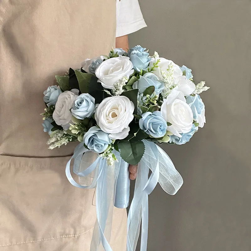 Wedding White Blue Flower Bouquet Bridal Accessories Marriage Silk Flowers Artificial Roses Wedding Bouquet for Bride Bridesmaid image 3