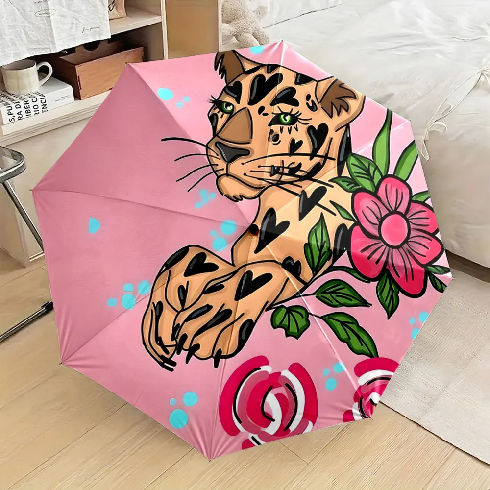 1PC Stylish Leopard and Flower Pattern Pink Umbrella Design Print 8 Iron Ribs Folding Umbrella Auto-Open Fashion Sunshade