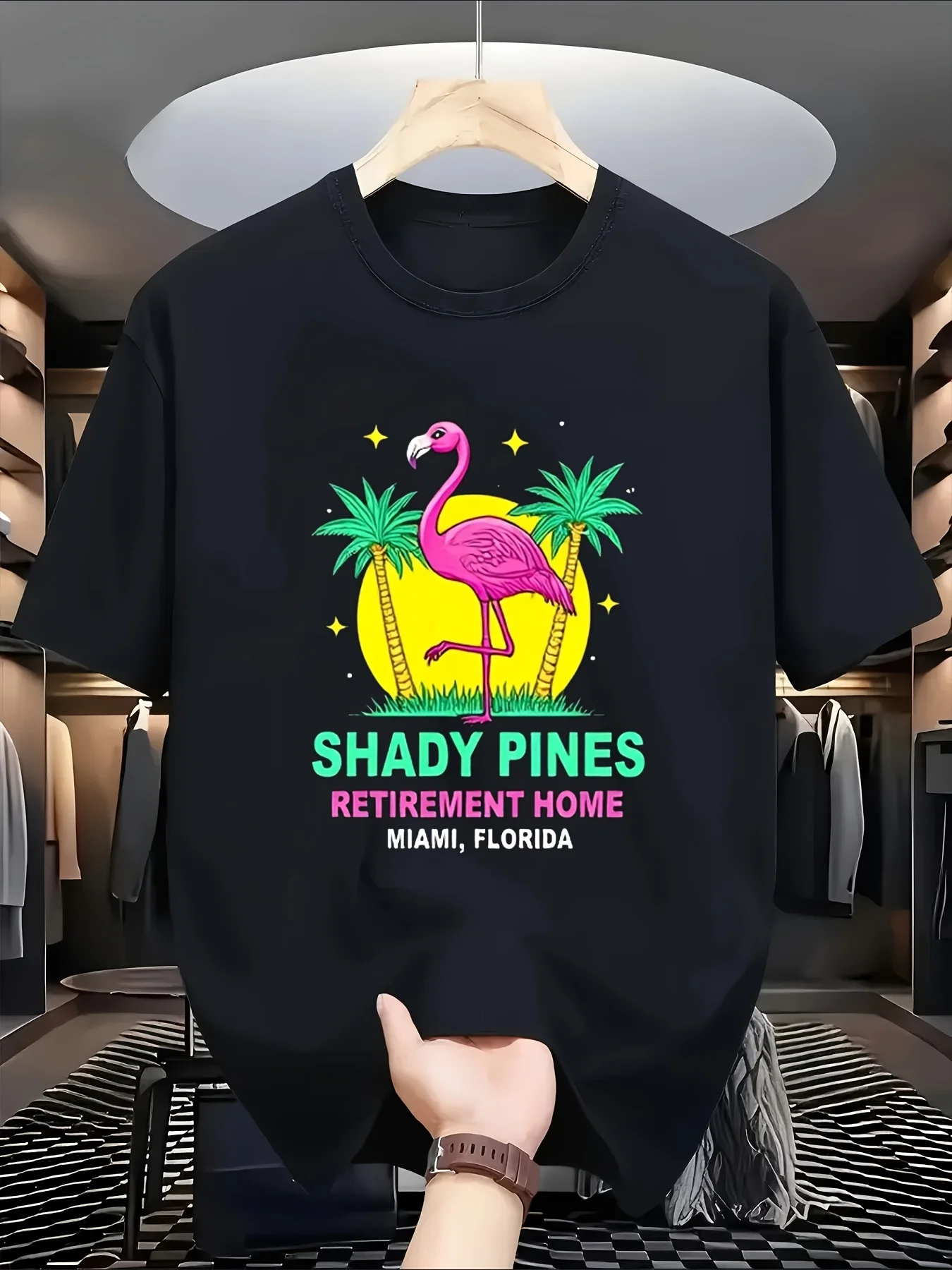 Shady Pines Retirement Home Miami Florida Flamingo T Shirt Casual Round Neck Short Sleeve Tee Perfect for Retirement GiftRetro Casual Short-sleeved T-shirt with a Round Neck and Printed Pattern Suitable for Daily Commuting and Outdoor Activities