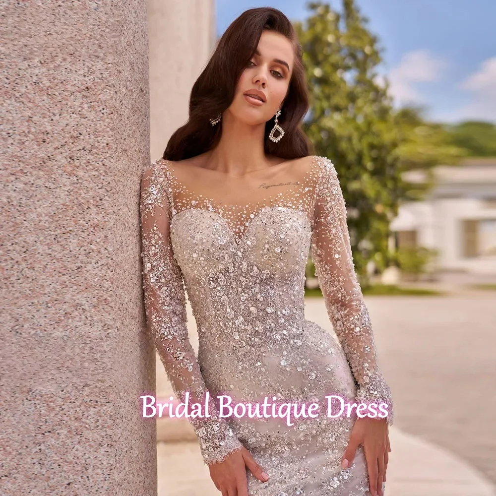 Customized Exquisite  Long Sleeve Sexy Mermaid Wedding Dresses Lace Beaded Sequined Shiny Vestido De Novia Detachable Train Brid