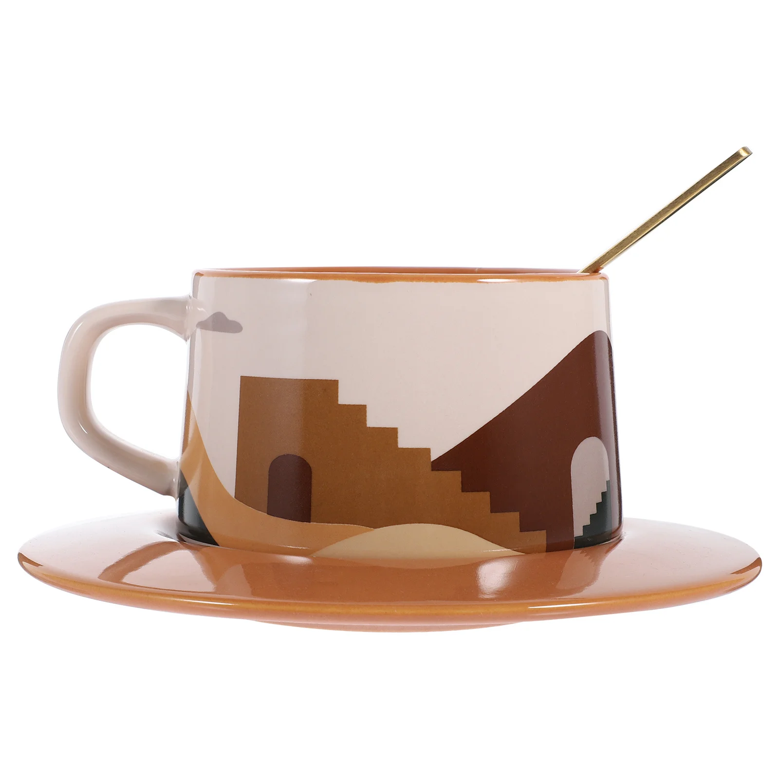 

1Set Ceramic Coffee Cup Abstract Pattern Milk Mug Saucer Spoon Household Daily Use Coffee Mug Tea Cup Home Accessory