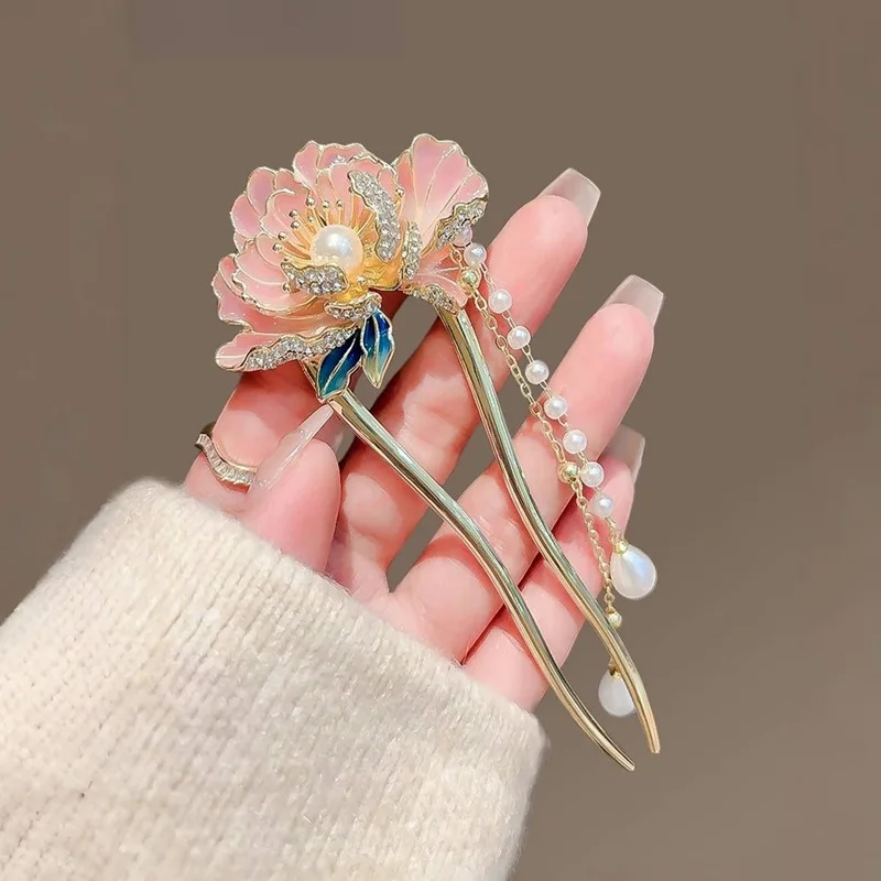 Fashion Chinese Sweet Vintage Flower Tassels U Shape Hair Stick For Women Girl Elegant Hair Fork Cheongsam Hanfu hair accessory