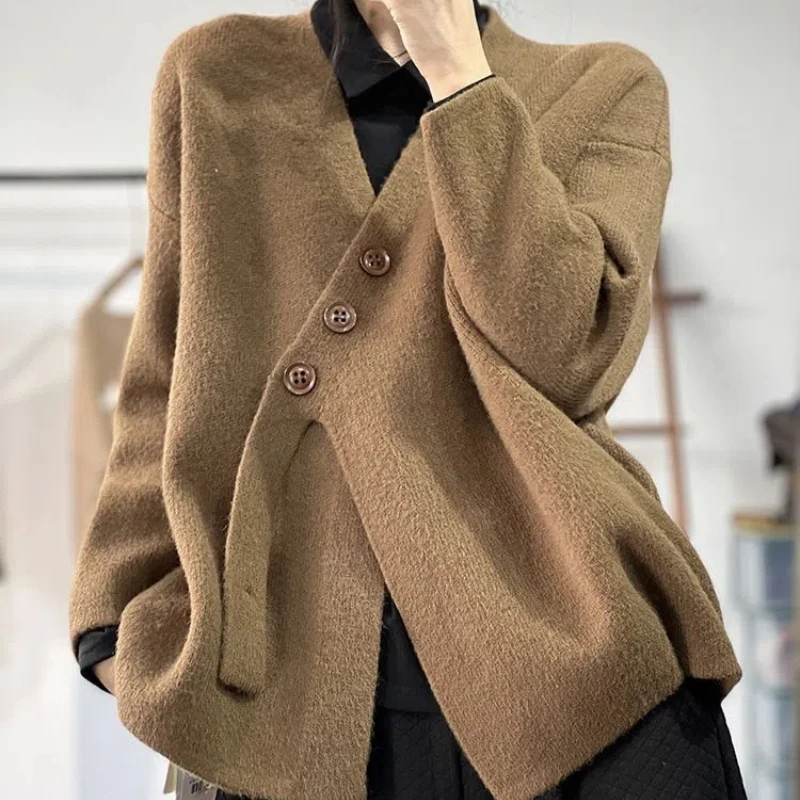 

New V-neck Solid Color Versatile Irregular Splicing Loose Casual Plush Sweater Jacket for Women