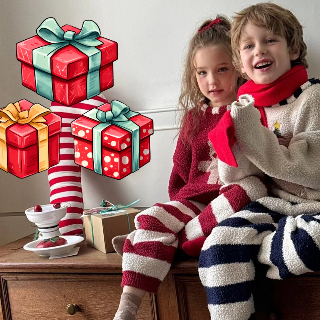 

Рождественский тематический детский пижамный комплект, теплая флисовая подкладка, свободная посадка, домашняя одежда с мультяшным медведем для мальчиков и девочек