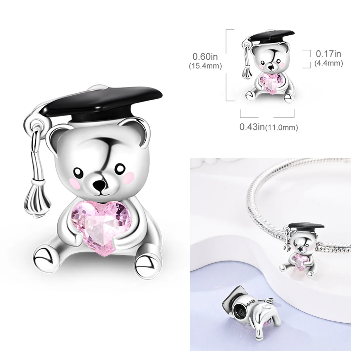 

925 Sterling Silver Smart Bear Charms Bead Pink CZ Zircon Dangle Fit Original Bracelet DIY Women Jewelry Gift