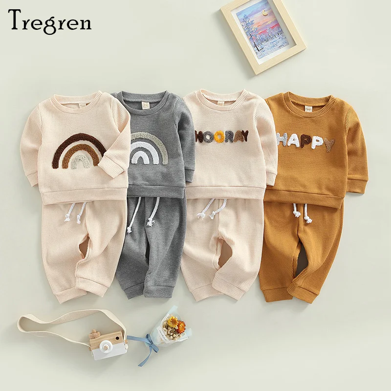 Tregren 0-24M Newborn Baby Boys Girls Clothes Waffle Fall Outfits Letter Rainbow Pattern Long Sleeve Sweatshirt Pants 2pcs Sets