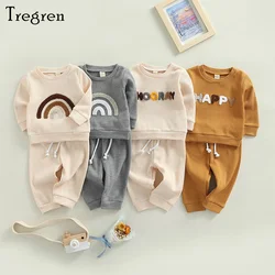 Tregren 0-24M Newborn Baby Boys Girls Clothes Waffle Fall Outfits Letter Rainbow Pattern Long Sleeve Sweatshirt Pants 2pcs Sets