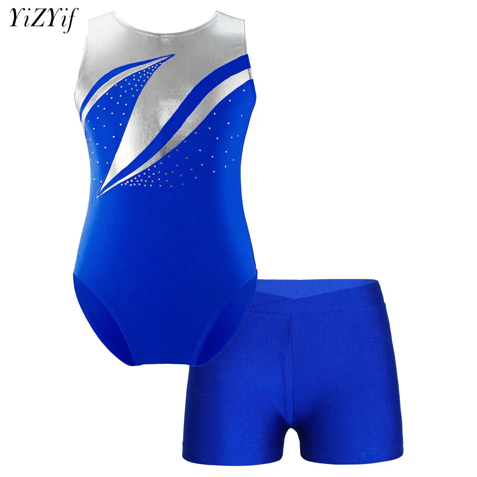 Kids Girls Ballet Dance Sets Sparkly Metallic Sleeveless Gymnastics Unitard Biketard Leotard with Shorts Suit Dancewear