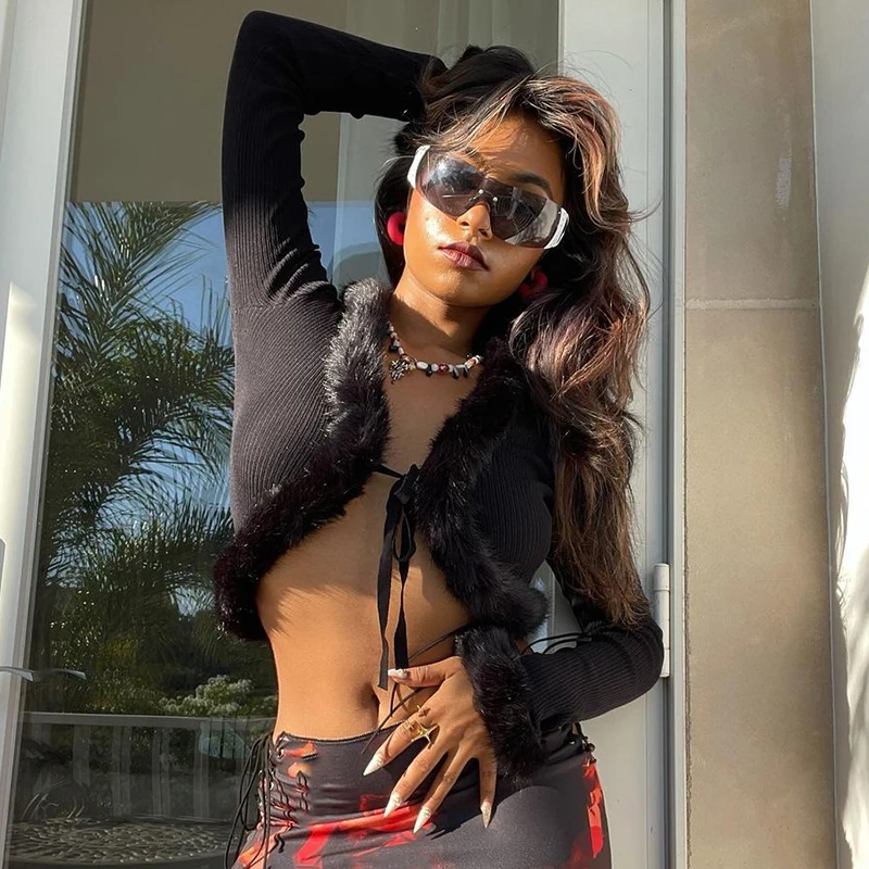 Fashionable Women's Knitted Sweater Cardigan Sexy Fit Faux Fur Trim Long Sleeve Short Top with Tie Slit Y2k Autumn Pullover