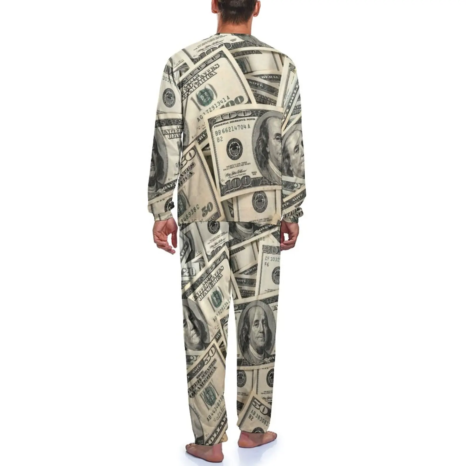 Dollar Pajamas Money Currency Male Long Sleeve Trendy Pajama Sets 2 Pieces Casual Autumn Pattern Nightwear Gift