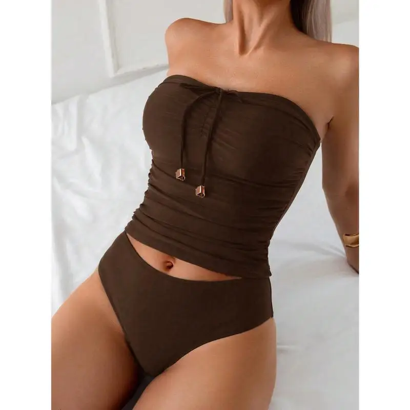 

2026 New Elegant Summer Swimwear Slim Fit Strap Vest Set Versatile Stylish Cross-Border Delivery Swimming Outfit Solid Color 2PC