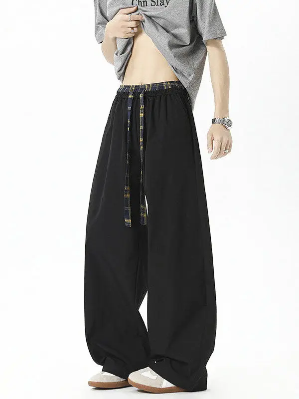

Slim Fit Men's Casual Pants Summer Low Waist Plaid Splicing American Retro Loose Straight Leg Cool Wide Leg Pants