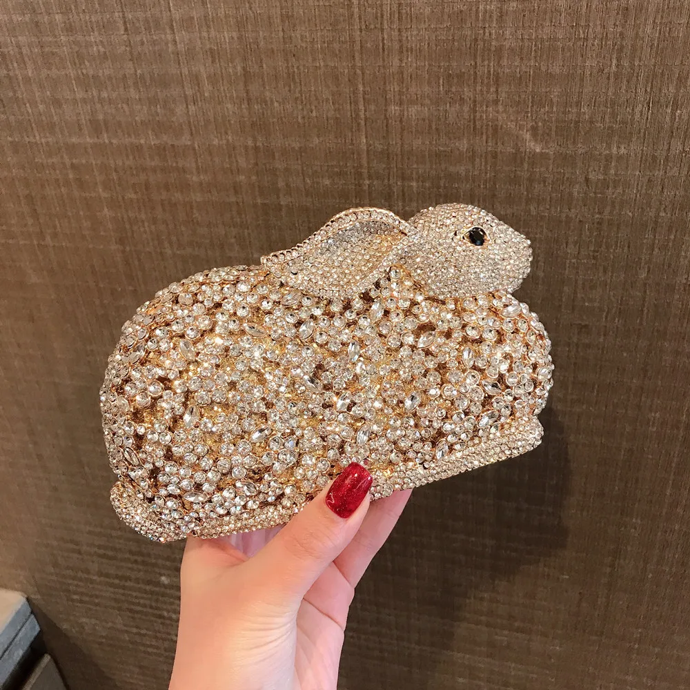 Luxury Cute Rabbit Metal Box Crystal Rhinestone Diamond Evening Bag Wedding Party Clutch Purse Women\'s Handbag Shoulder Bag