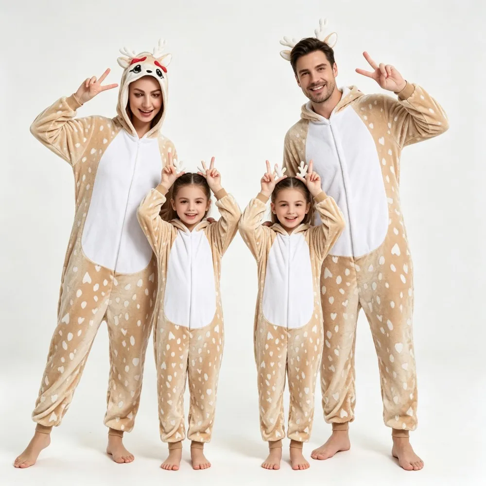 Family Matching Christmas Pajamas Deer Onesie Flannel Hooded Jumpsuit Adult Kids Halloween Cosplay Costume Skull Pumpkin Pyjamas