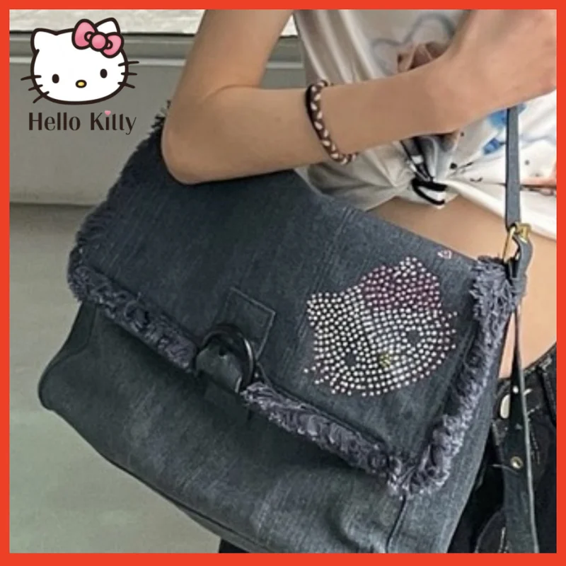 Sanrio Hello Kitty Vintage Denim Bag Y2k Diamonds Shoulder Bag High Capacity Women'S Bag Versatile Trendy  2023 Kaidi Cat Bag