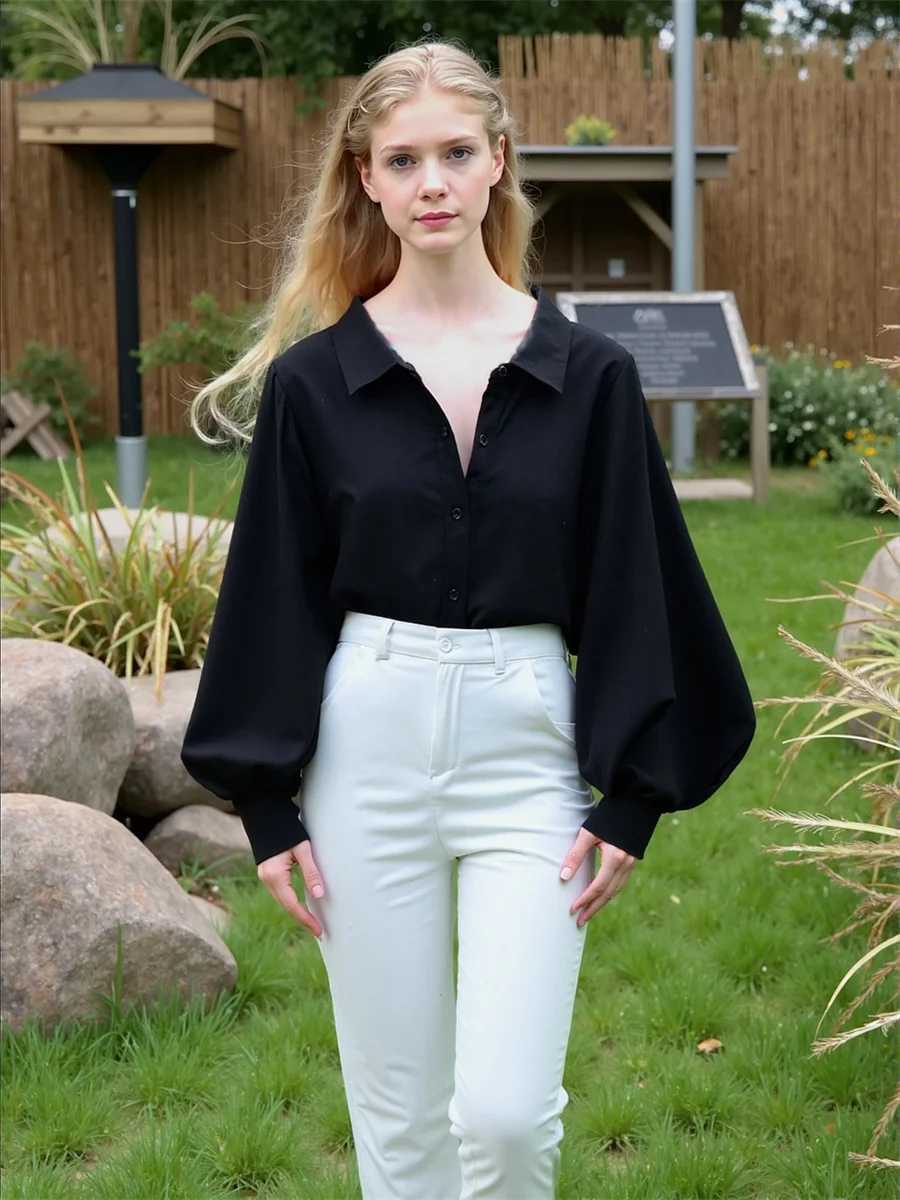 قمصان نسائية سادة بأكمام واسعة من التول اللامع للعمل وسيم من الترتان بساطتها Bf تلميذة عتيمة مكشكشة #5