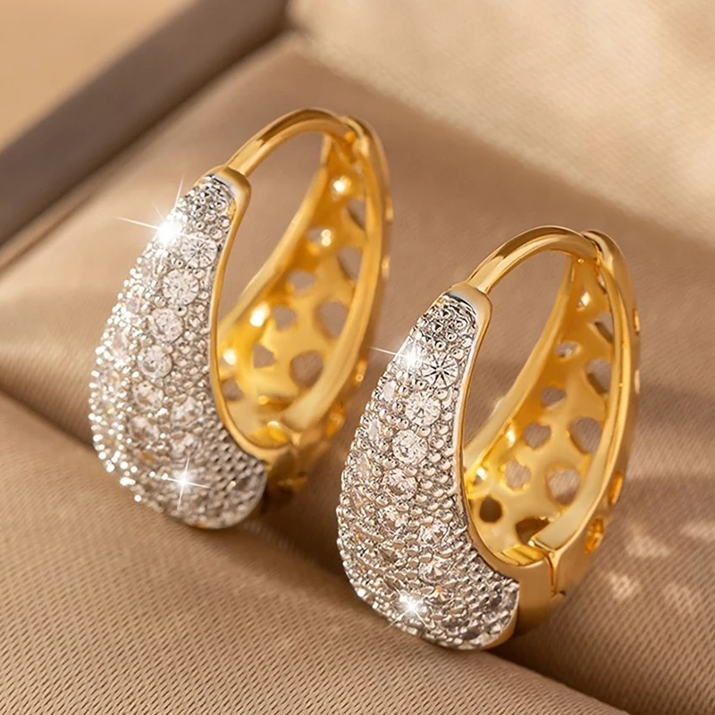 Crystal Zirconia Hollow Fashion Gold Color Hoop Earrings for Girls Women Sparkling Zircon Ladies Earring Party Jewlery