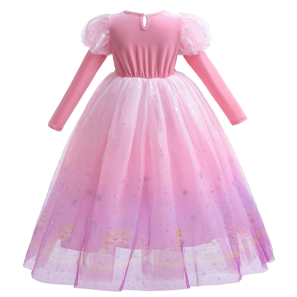 Princess Pink Dress For Girl Children Print Mesh Frocks Flower Girl Dresses for Weddings Party Girl Halloween Costume