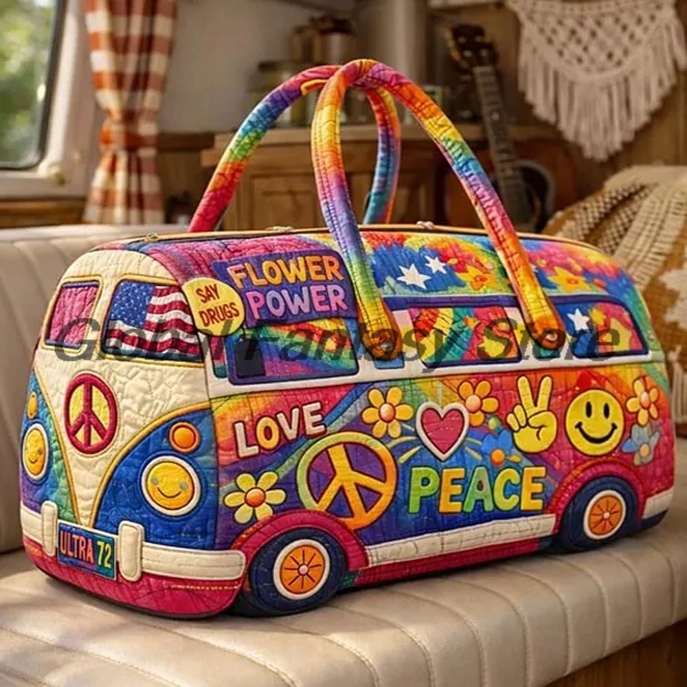 Hippie Van Flower Power Love Peace Quilted Duffle Bag Floral Rainbow Travel Tote Bag Women Men Outdoor Weekender Handbag