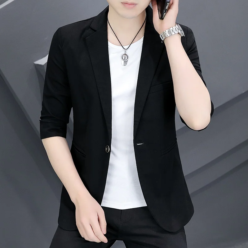 

Summer Thin Svel Single Piece Men's Casual Jaet Stand Fit Youthful Sle Seven-Quarter Sve Regular Length