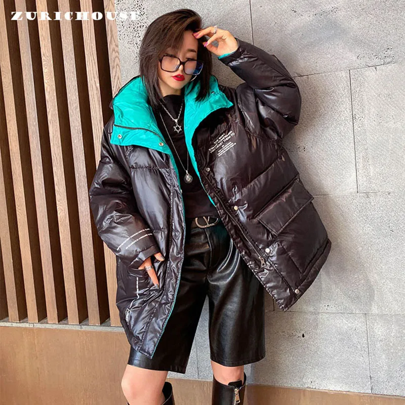 ZURICHOUSE Winter Coat Women Hooded Jacket 2024 Loose Fit Fashion Hit Color Liner Design Thick Warm Down Padded Parka