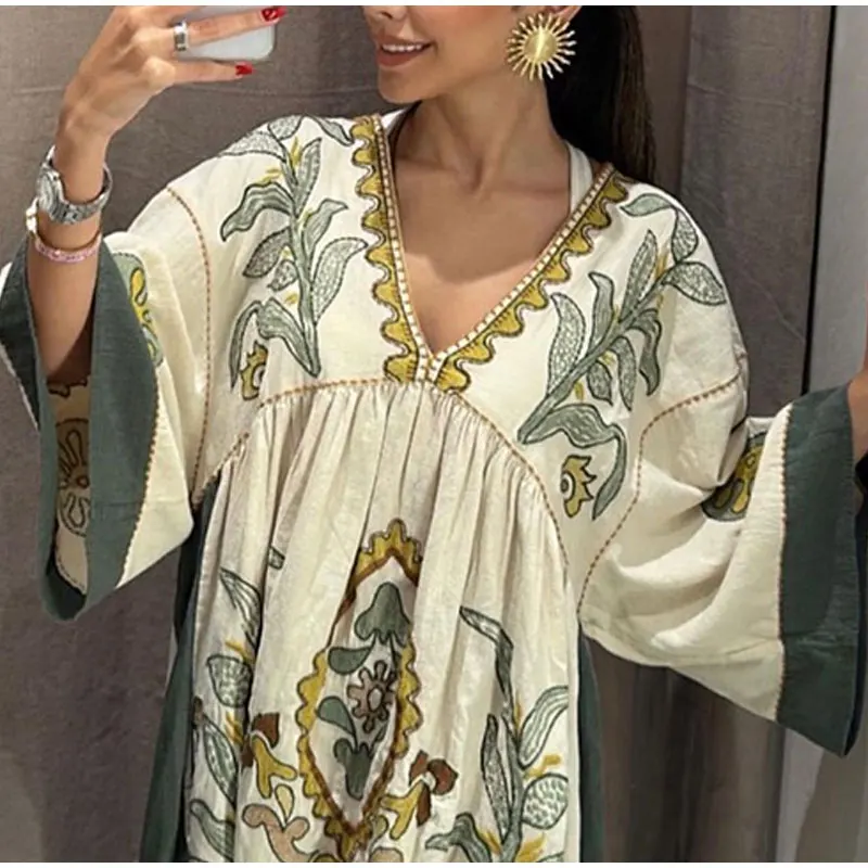 TEELYNN Linen Cotton Floral Embroidery Mini Dresses For Women Robe Vintage O Neck Loose A-line Short Dress Summer Boho Beach