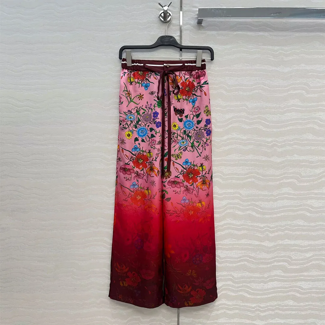 New Autumn Vintage 100% Silk Wide Leg Pants Women Elastic High Waist Belt Red Floral Print Loose Casual Trousers
