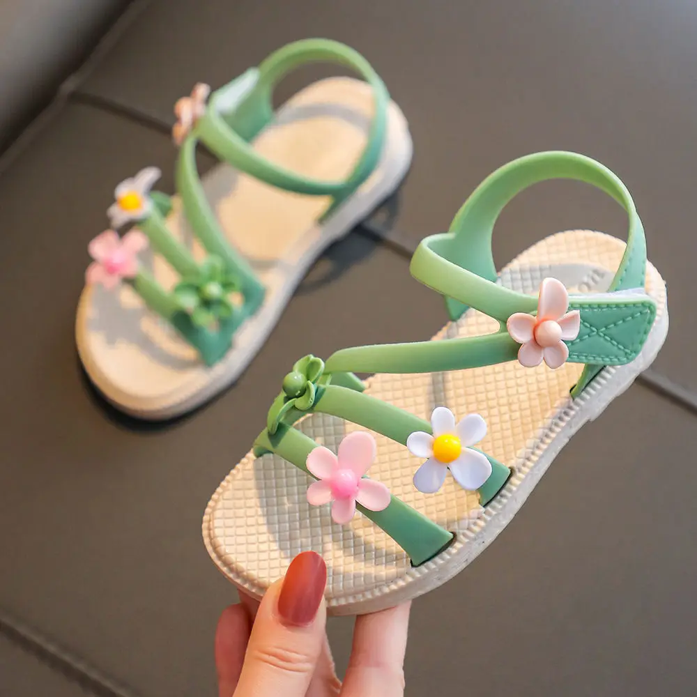 Summer Little Girls Sandals 2022 New Flower Simple Cute Pink Green Children Sandals Toddler Baby Soft Casual School Girl Shoes