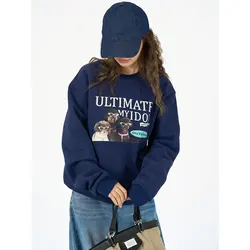 Navy Blue Graphic Sweatshirt Autumn/winter Fun Printed Dog Fleece Lined Hoodie Warm Top For Women