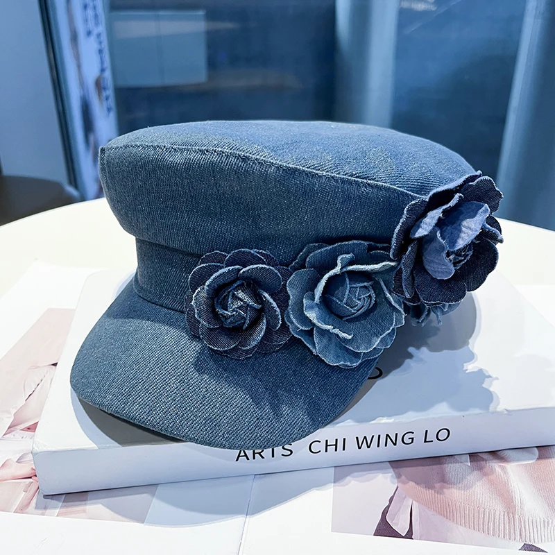 Cowboy Fashion Big Flower Elegant and Sweet Flat Top Navy Hat Student Hat Small Crowned Face Small Sunshade Hat