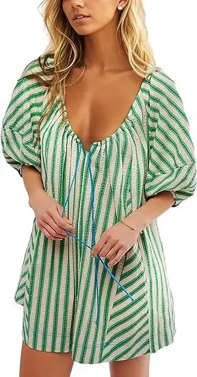 Pagliaccetti da spiaggia estivi per donna tuta oversize a gamba larga con scollo a sbuffo a righe larghe Casual con tasche