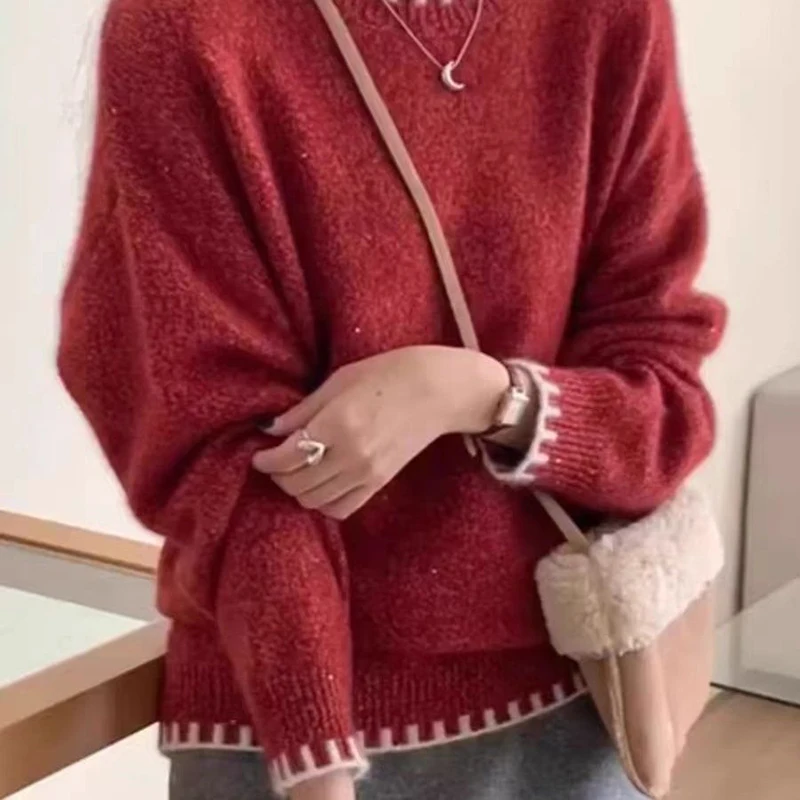 

Женский высококачественный вязаный пуловер с блестками, красный свитер с круглым вырезом, осень и зима, ленивый стиль, мягкий флисовый свитер с енотом
