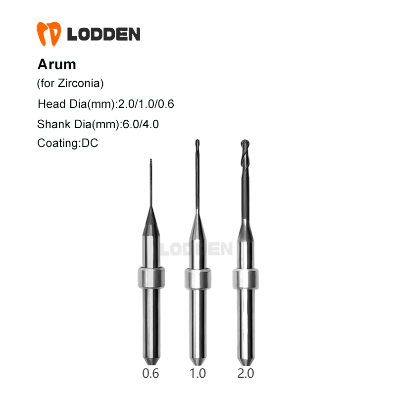 

Dental Material Milling Burs Arum for Zirconia DC D6/D4 Dental Lab Diamond Grinding Drills L50 * 2.0/1.0/0.6 Tools