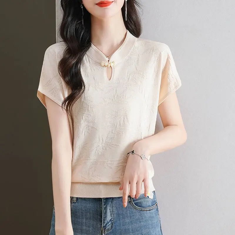 Nowa damska koszulka na lato 2025, jedwabna, z krótkim rękawem, stójką, cienka, z dzianiny lycry, luźny krój, standardowa długość.