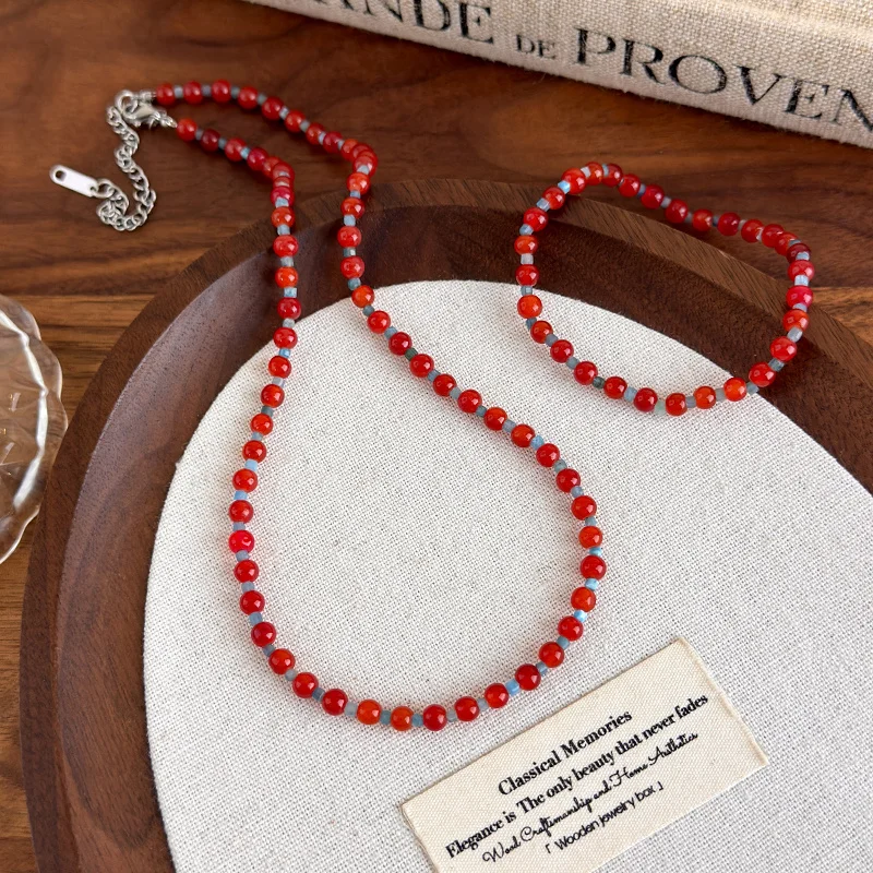 Stylish minimalist design red and blue color-block beaded necklace and bracelet set Sweet everyday versatile necklace accessory
